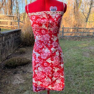Vintage Pink and Red Floral Lace Trim Cotton Dress